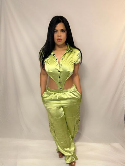 SATIN PANT SET GREEN AND BLACK